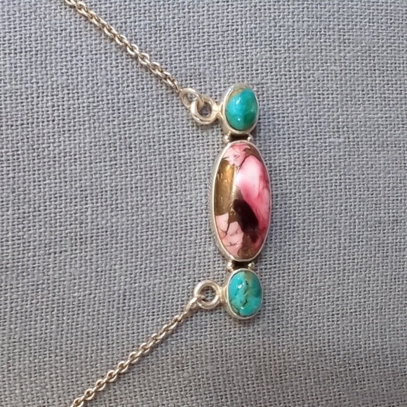 Southwest Jewelry - Southwest Red Dahlia Mohave Turquoise Sterling Silver Bar Necklace